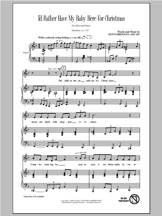 Download Patti Drennan I'd Rather Have My Baby Here For Christ Sheet Music