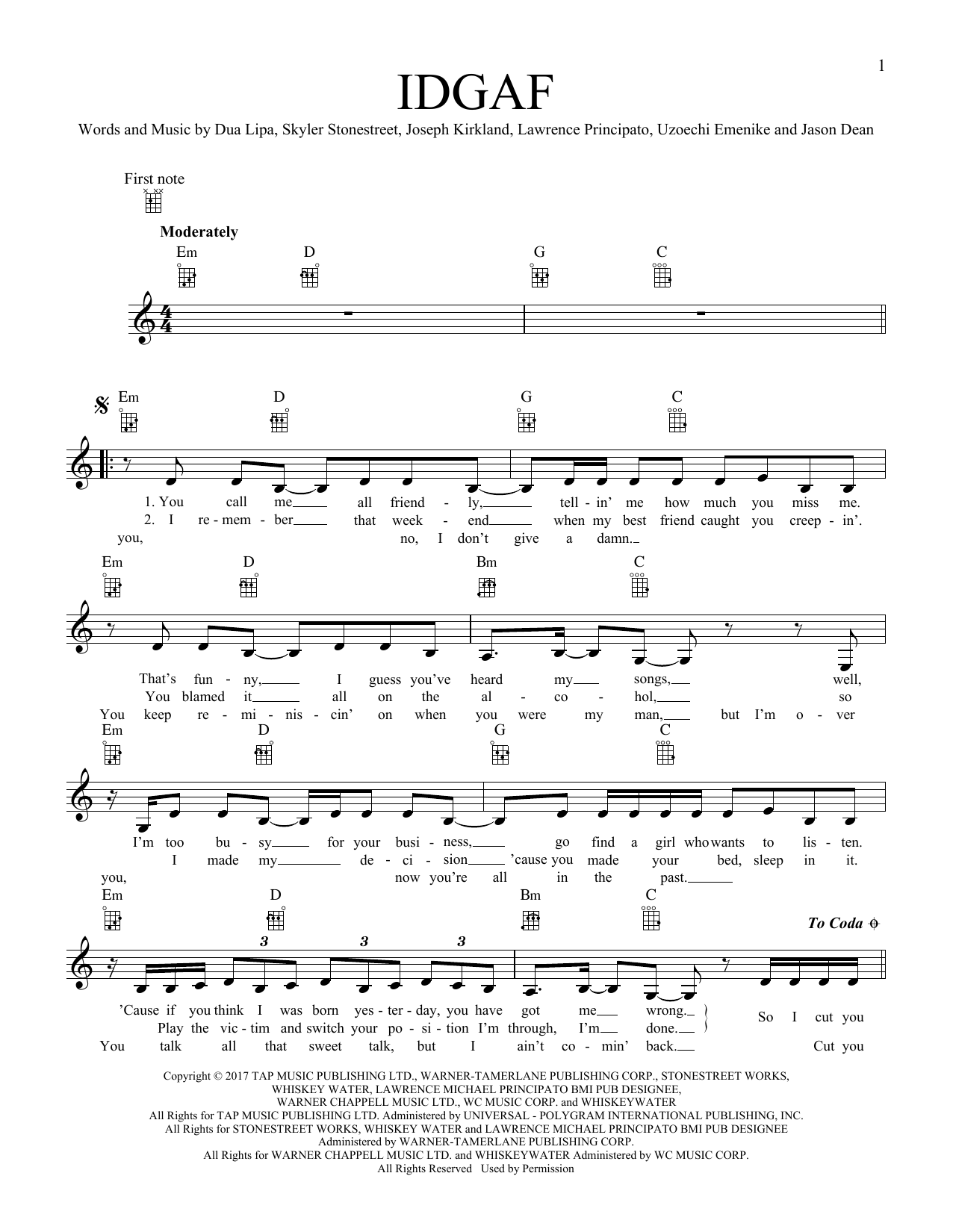 Dua Lipa IDGAF sheet music notes printable PDF score