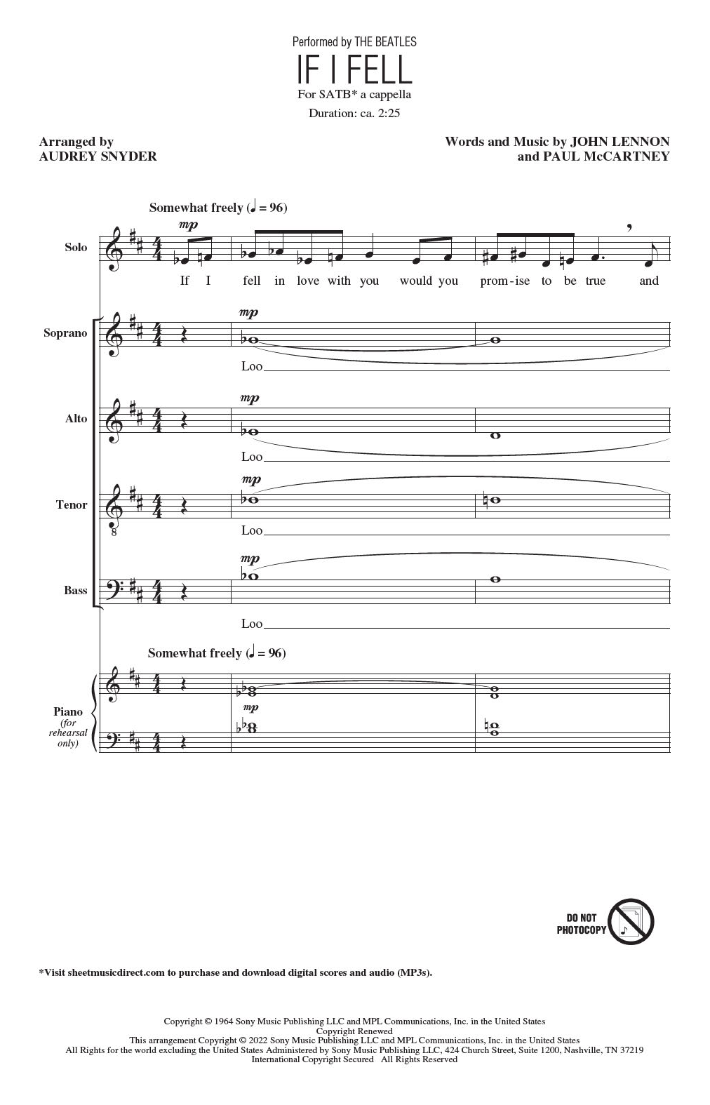 Download The Beatles If I Fell (arr. Audrey Snyder) Sheet Music