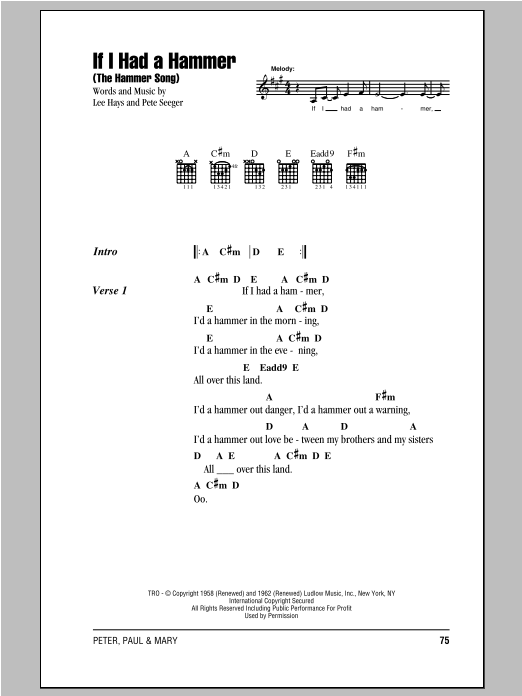 Download Peter, Paul & Mary If I Had A Hammer (The Hammer Song) Sheet Music