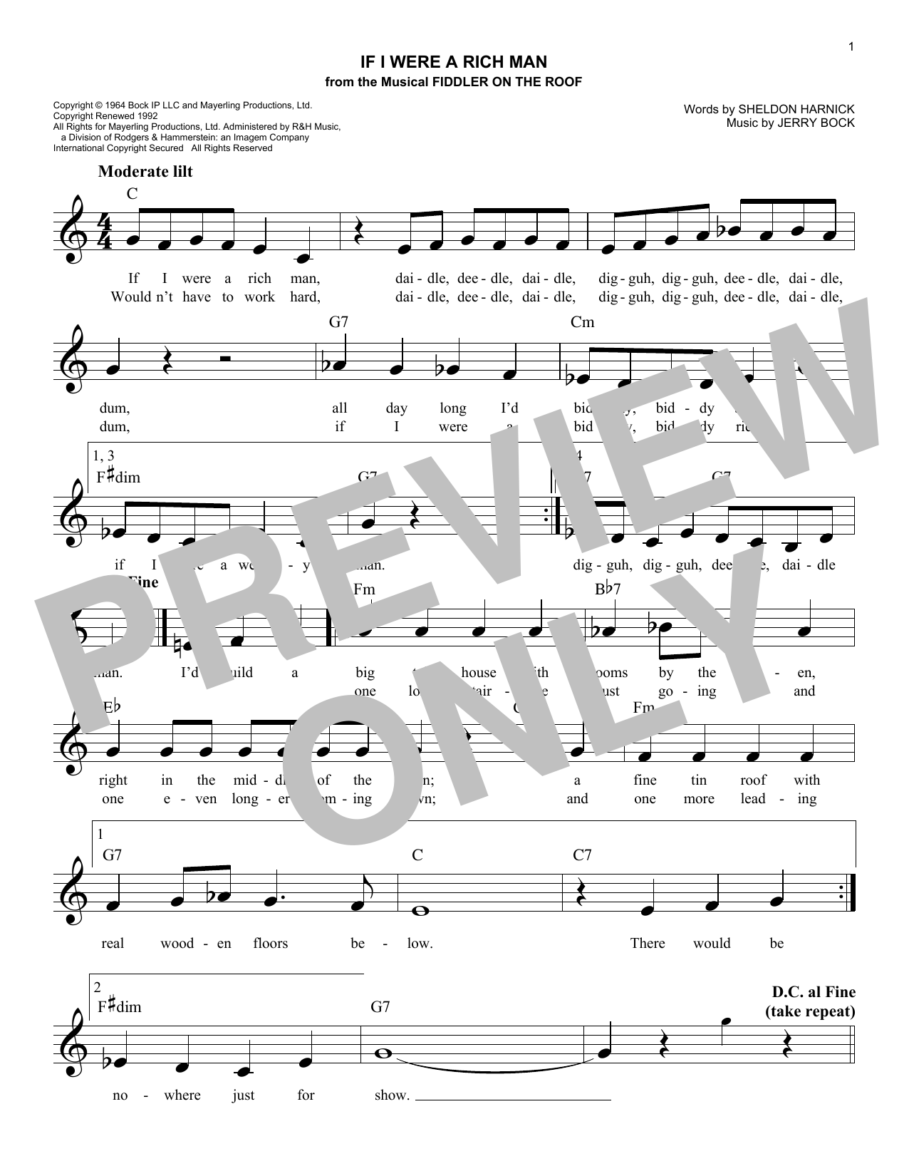 Download Bock & Harnick If I Were A Rich Man (from Fiddler On T Sheet Music