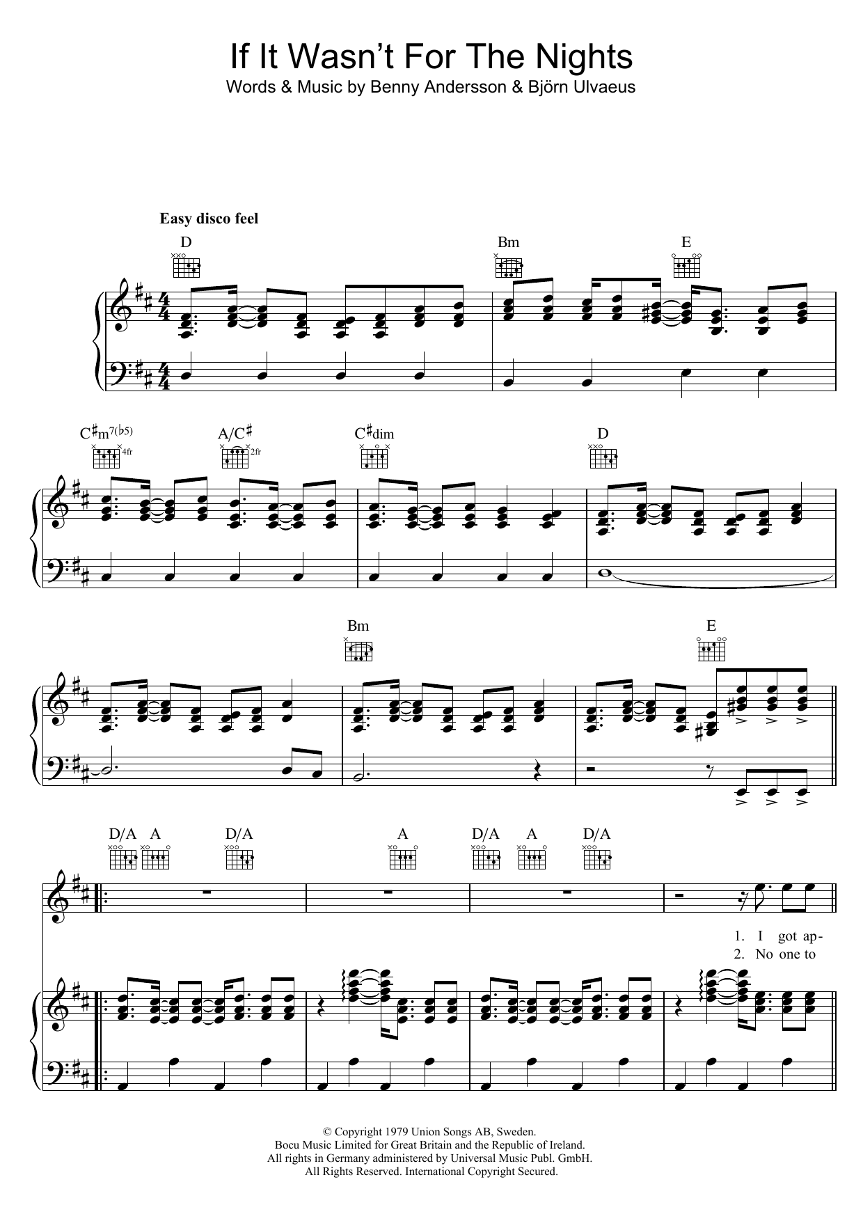 Download ABBA If It Wasn't For The Nights Sheet Music