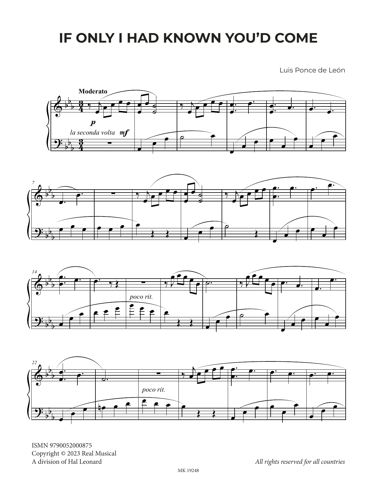 Download Luis Ponce de León If Only I Had Known You'd Come Sheet Music