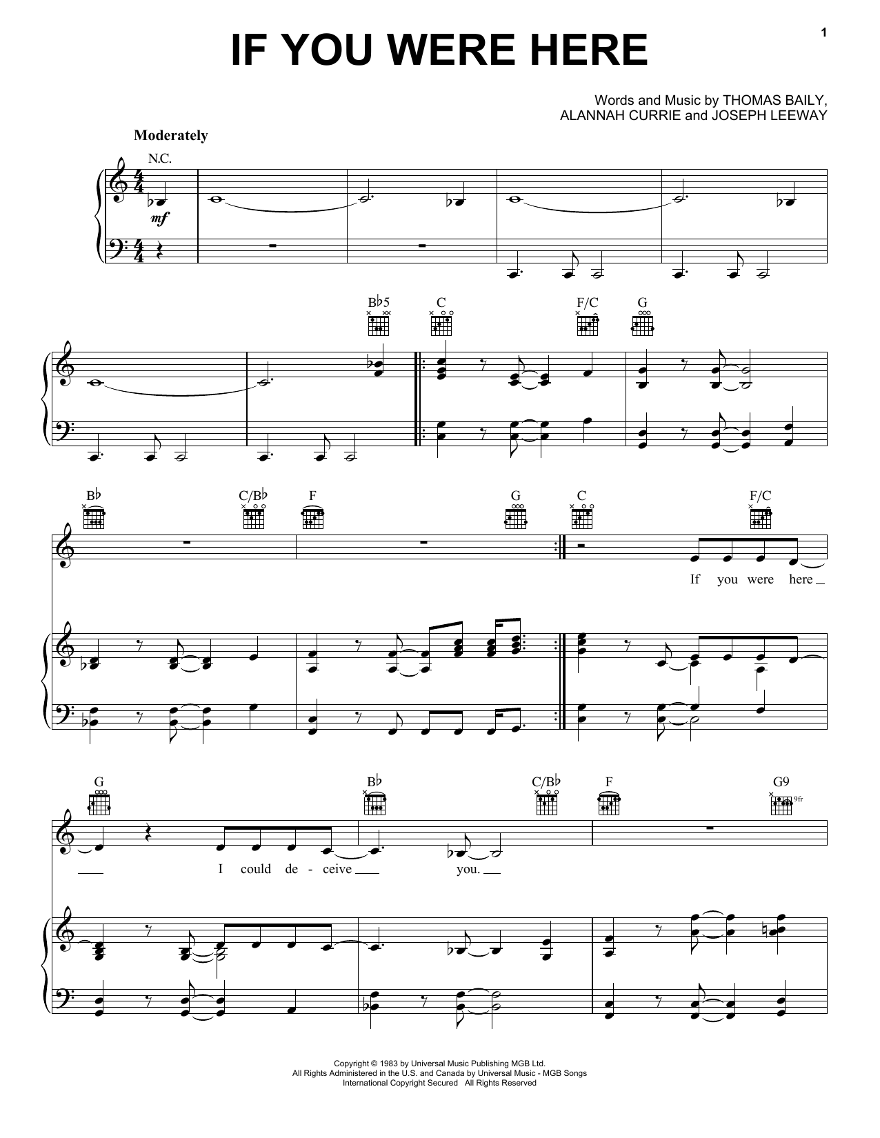 Download Thompson Twins If You Were Here Sheet Music