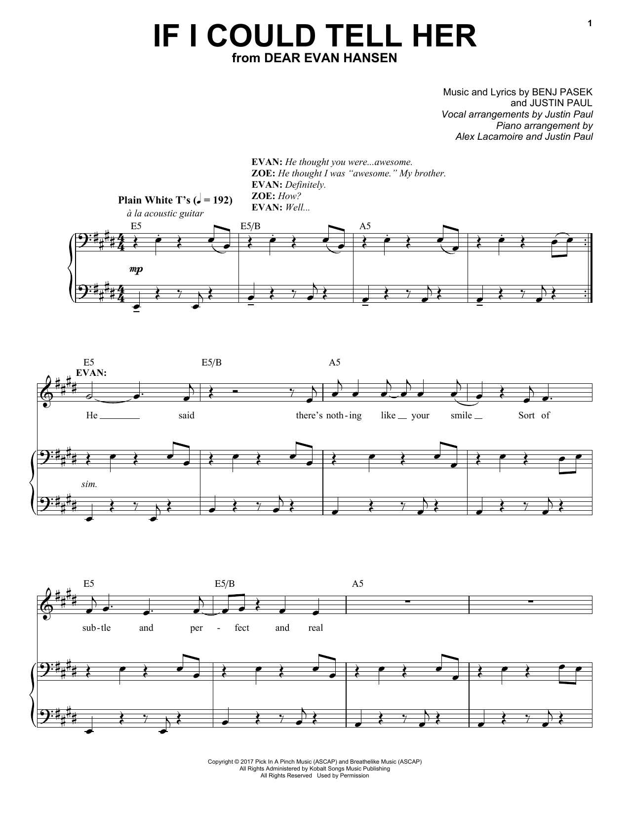 Pasek & Paul If I Could Tell Her (from Dear Evan Hansen) sheet music notes printable PDF score