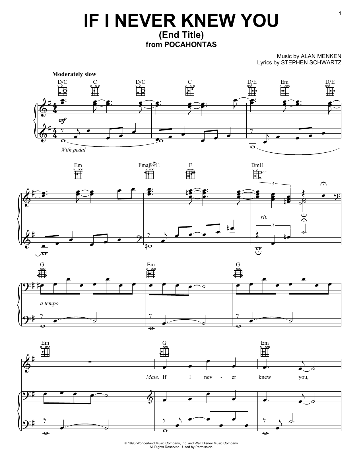 Jon Secada If I Never Knew You (Love Theme from POCAHONTAS) sheet music notes printable PDF score