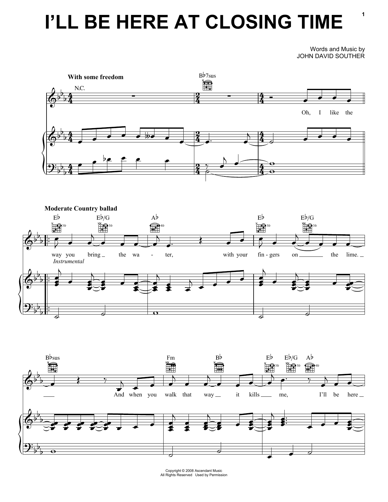 Download J.D. Souther I'll Be Here At Closing Time Sheet Music