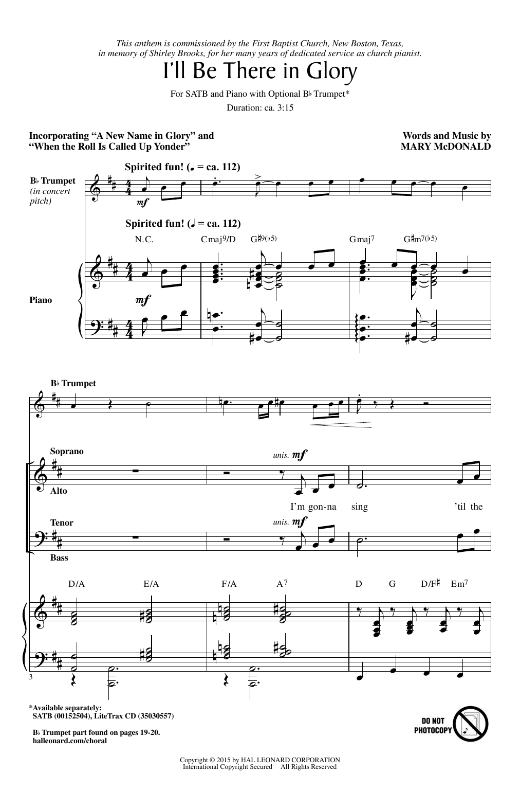 Download Mary McDonald I'll Be There In Glory Sheet Music