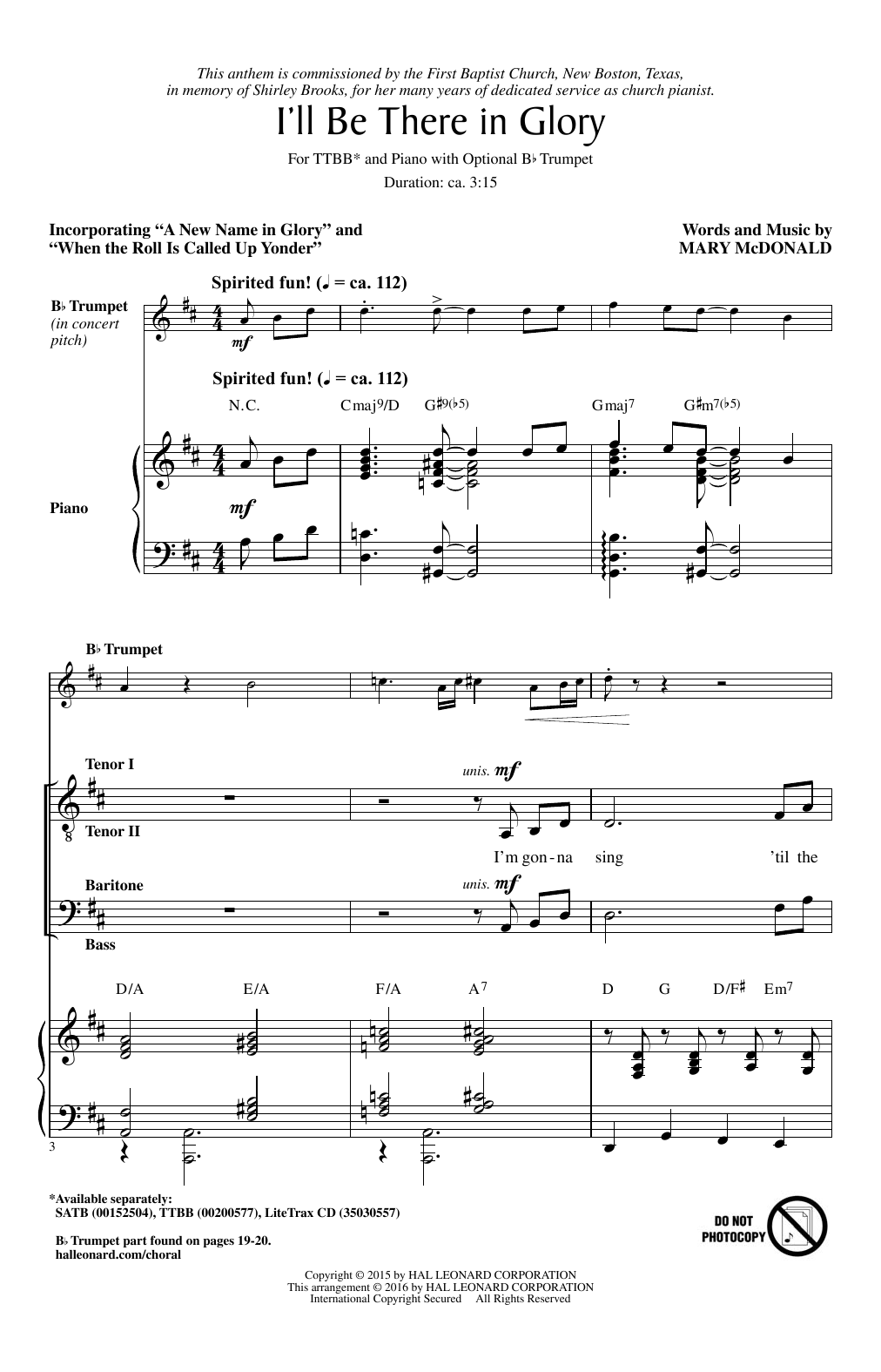 Download Mary McDonald I'll Be There In Glory Sheet Music