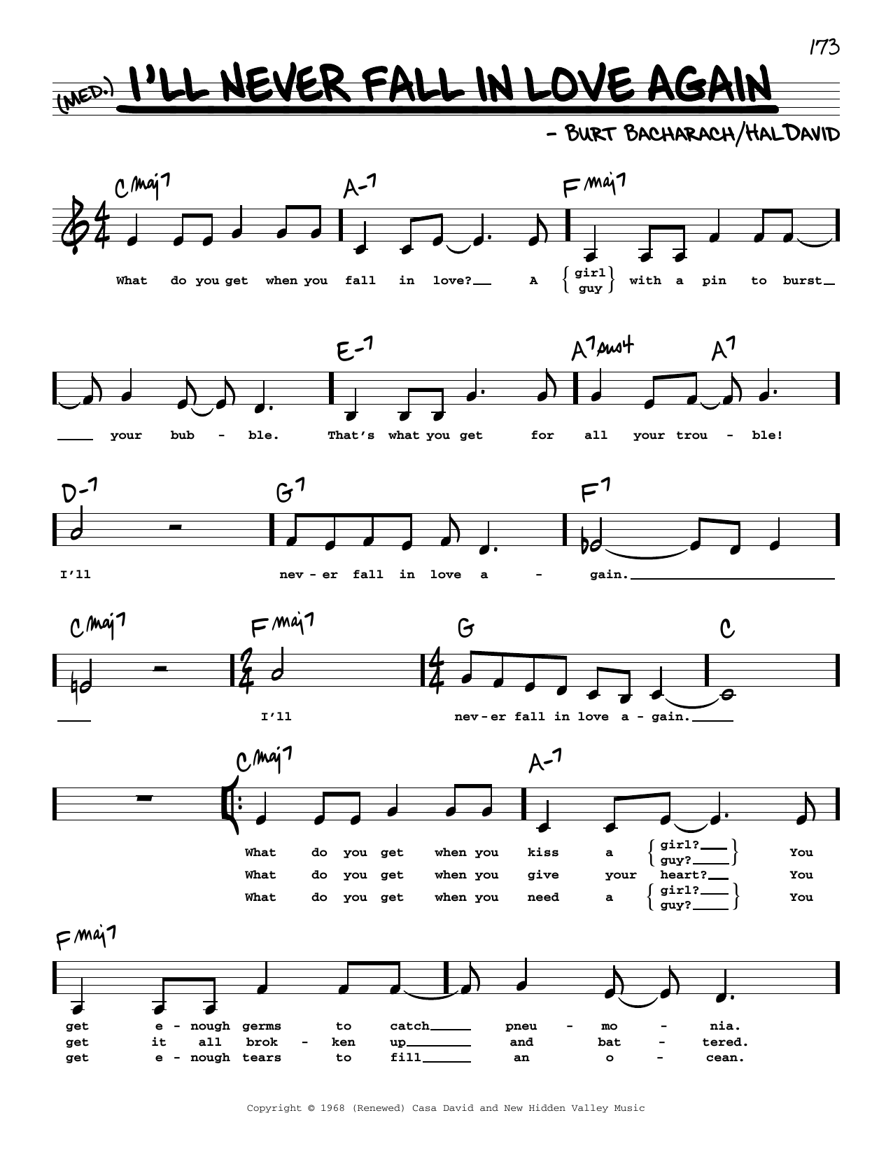 Dionne Warwick I'll Never Fall In Love Again (Low Voice) sheet music notes printable PDF score