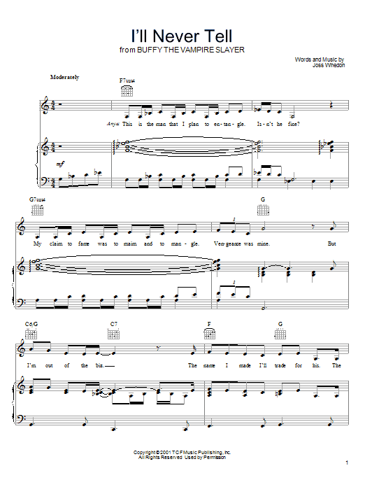 Download Joss Whedon I'll Never Tell (from Buffy The Vampire Sheet Music