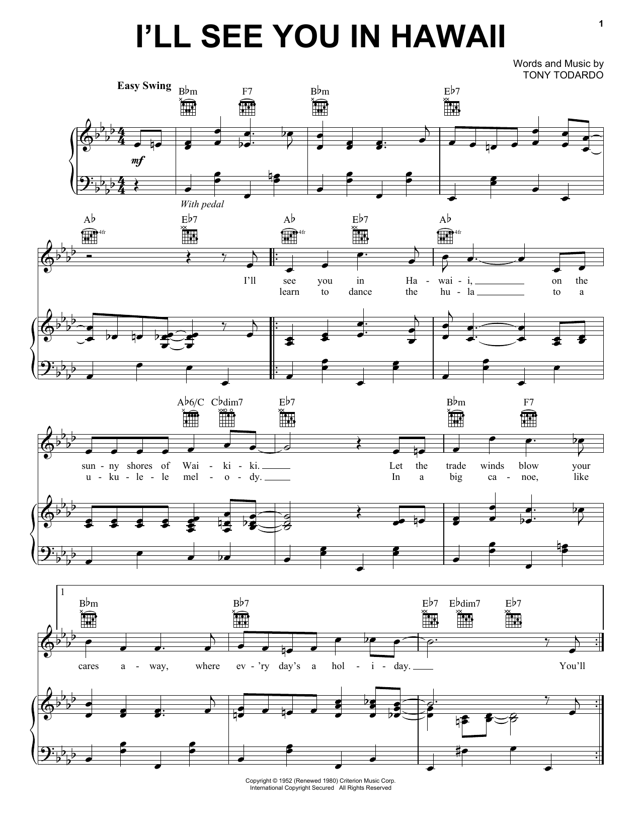 Download Tony Todaro I'll See You In Hawaii Sheet Music