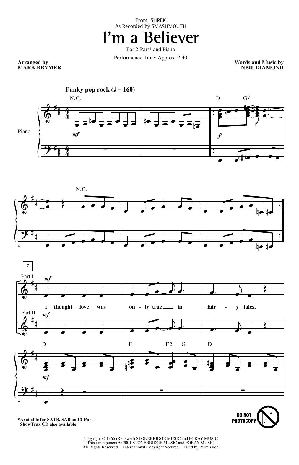 Download Smash Mouth I'm A Believer (from Shrek) (arr. Mark Sheet Music