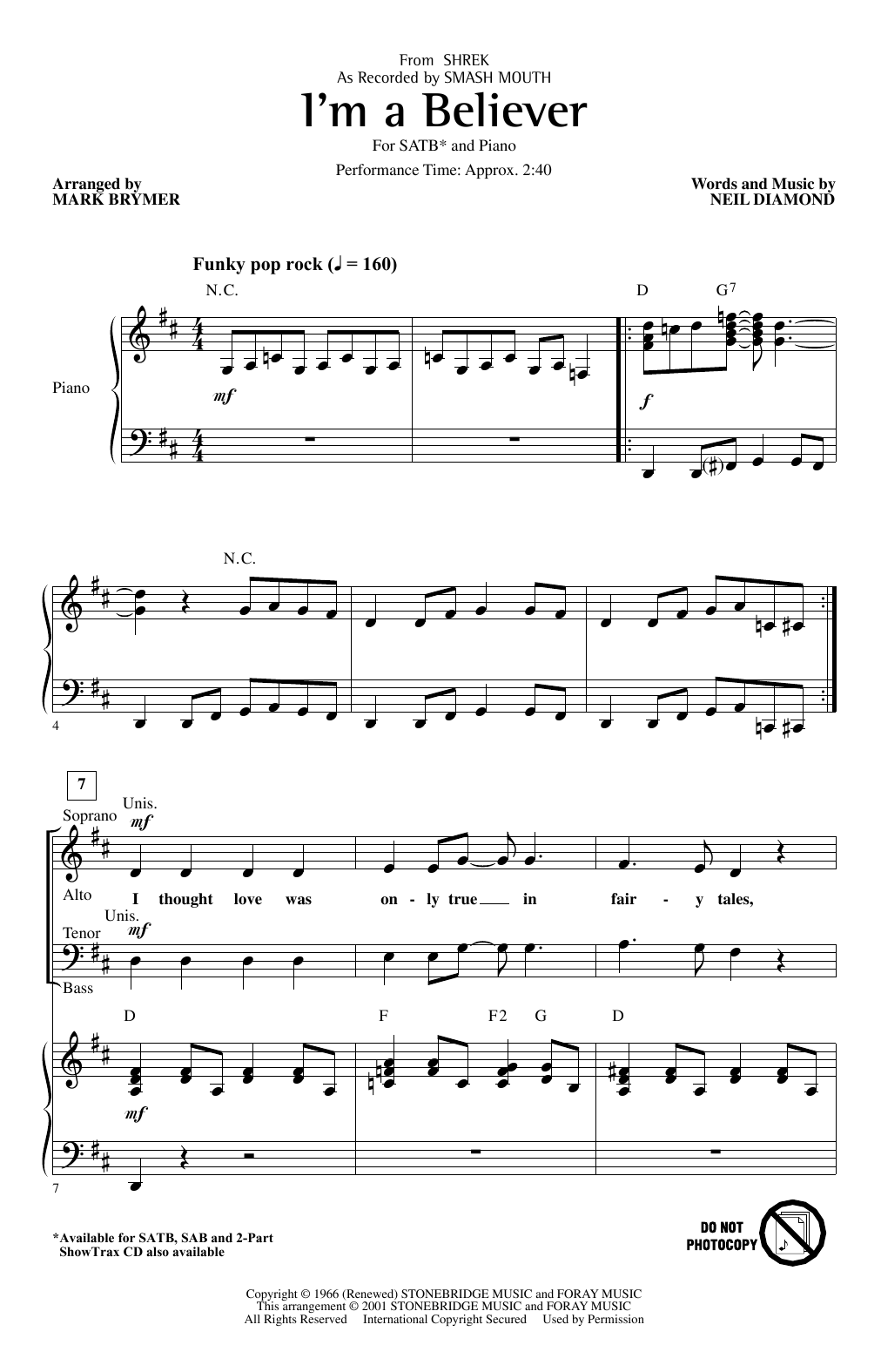 Download Smash Mouth I'm A Believer (from Shrek) (arr. Mark Sheet Music