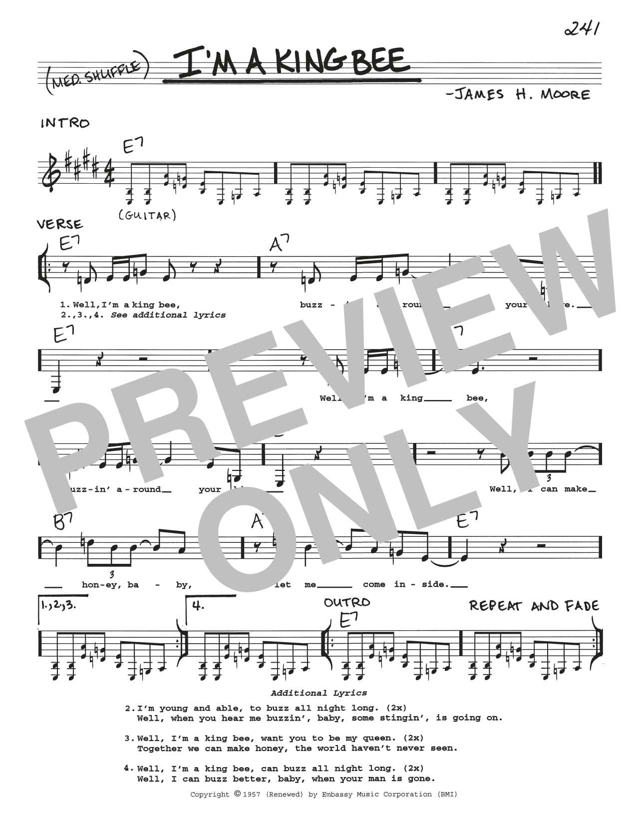 Download James H. Moore I'm A King Bee Sheet Music