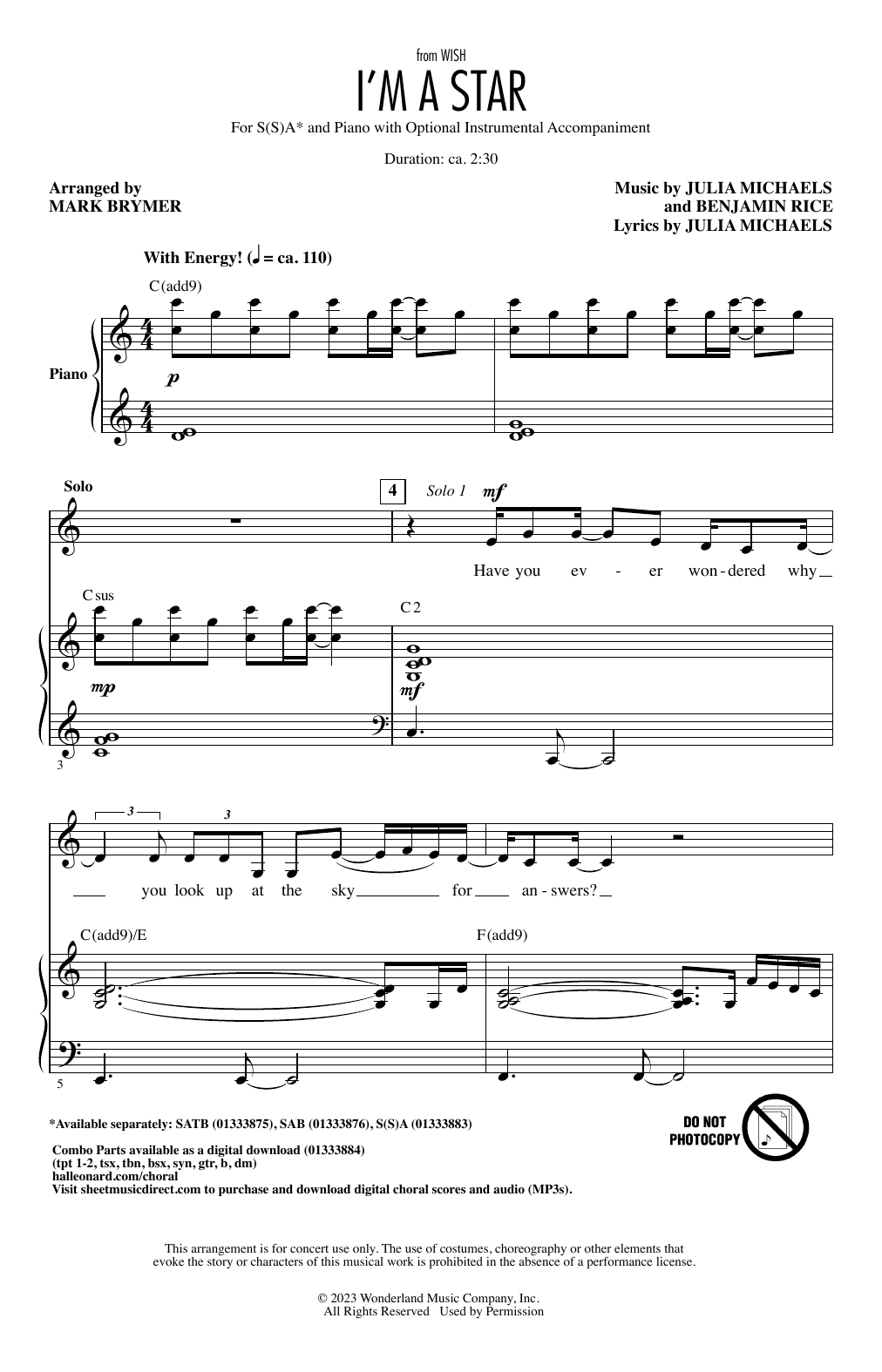 Benjamin Rice and Julia Michaels I'm A Star (from Wish) (arr. Mark Brymer) sheet music notes printable PDF score
