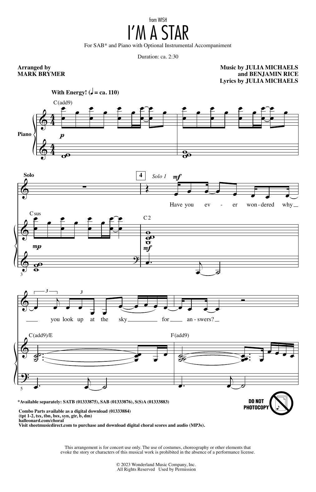 Benjamin Rice and Julia Michaels I'm A Star (from Wish) (arr. Mark Brymer) sheet music notes printable PDF score