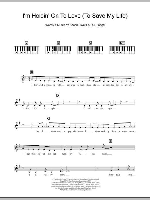 Download Shania Twain I'm Holdin' On To Love (To Save My Life Sheet Music