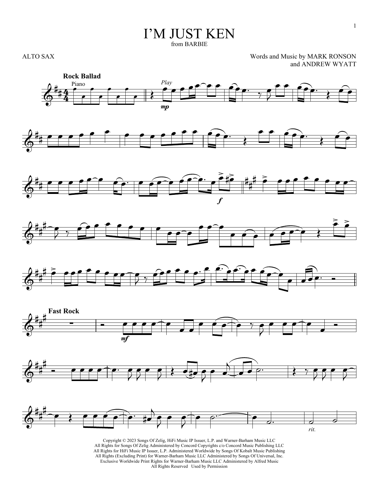 Ryan Gosling I'm Just Ken (from Barbie) sheet music notes printable PDF score