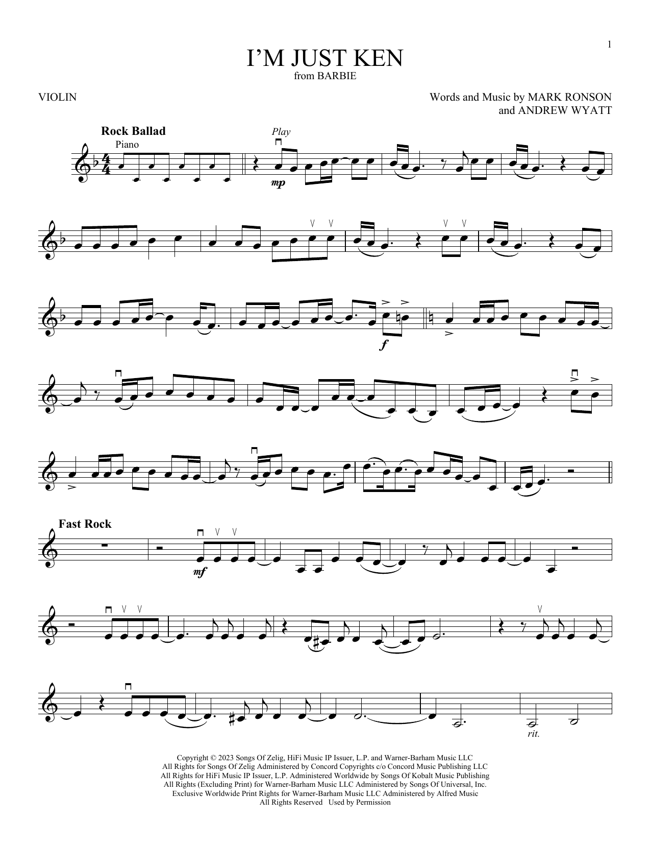 Ryan Gosling I'm Just Ken (from Barbie) sheet music notes printable PDF score