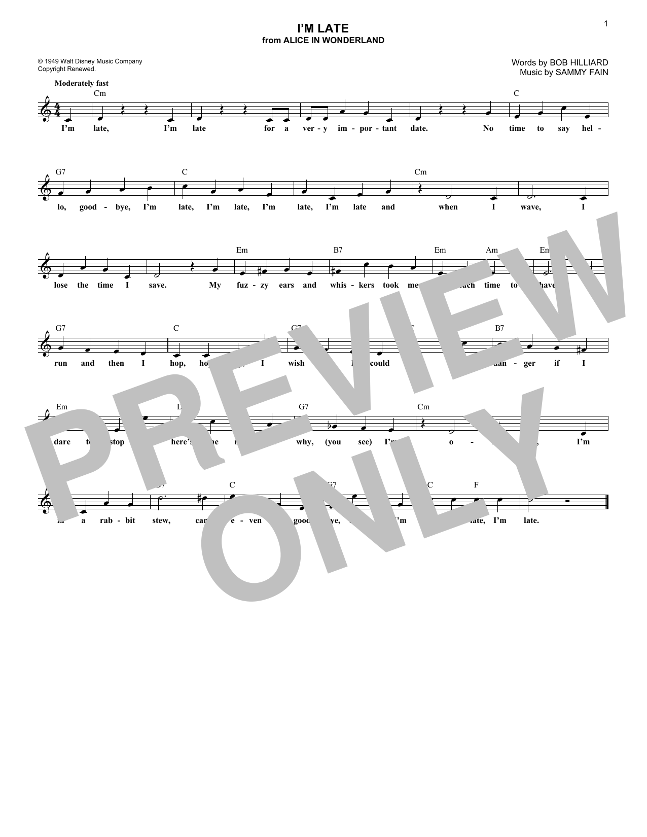 Sammy Fain I'm Late (from Alice In Wonderland) sheet music notes printable PDF score
