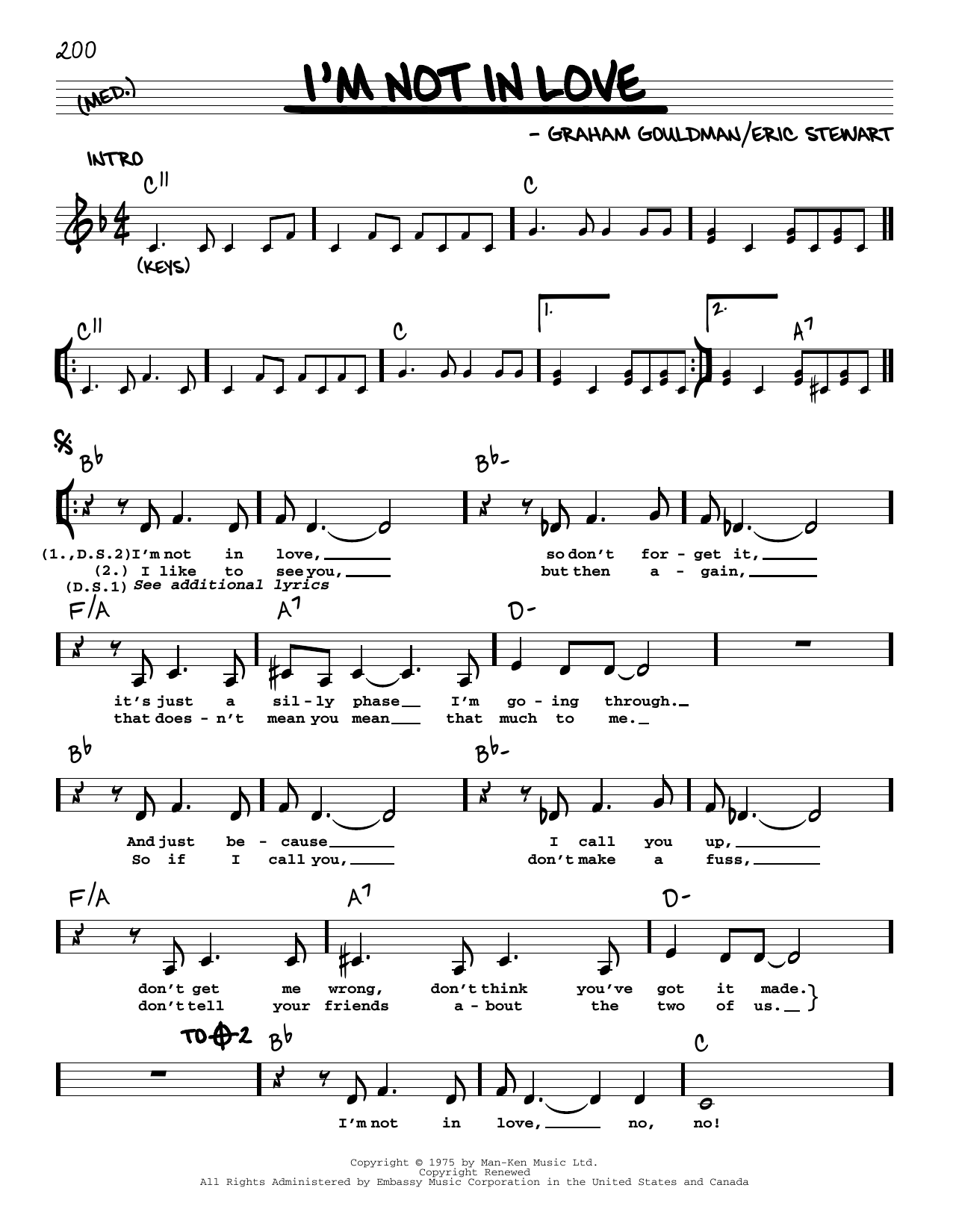 Download 10Cc I'm Not In Love Sheet Music