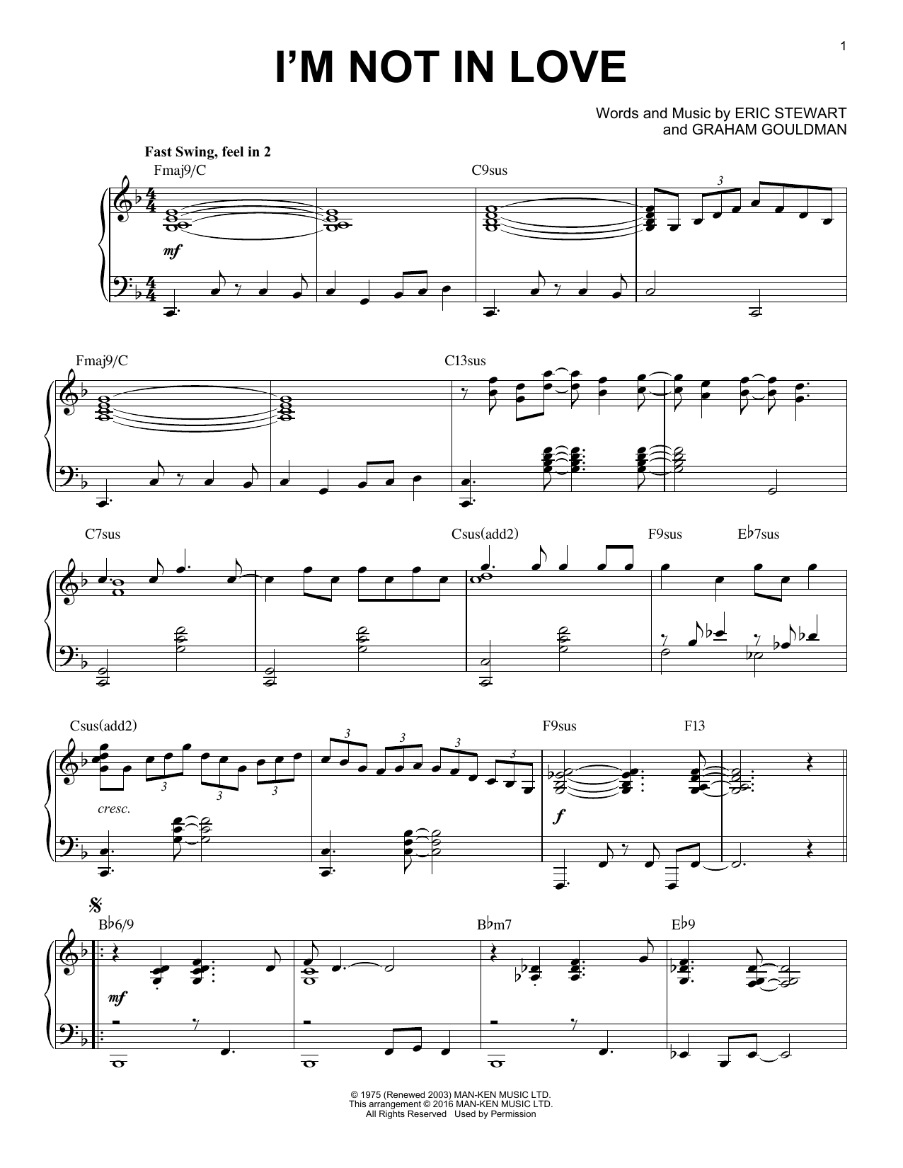 Download 10Cc I'm Not In Love [Jazz version] (arr. Br Sheet Music