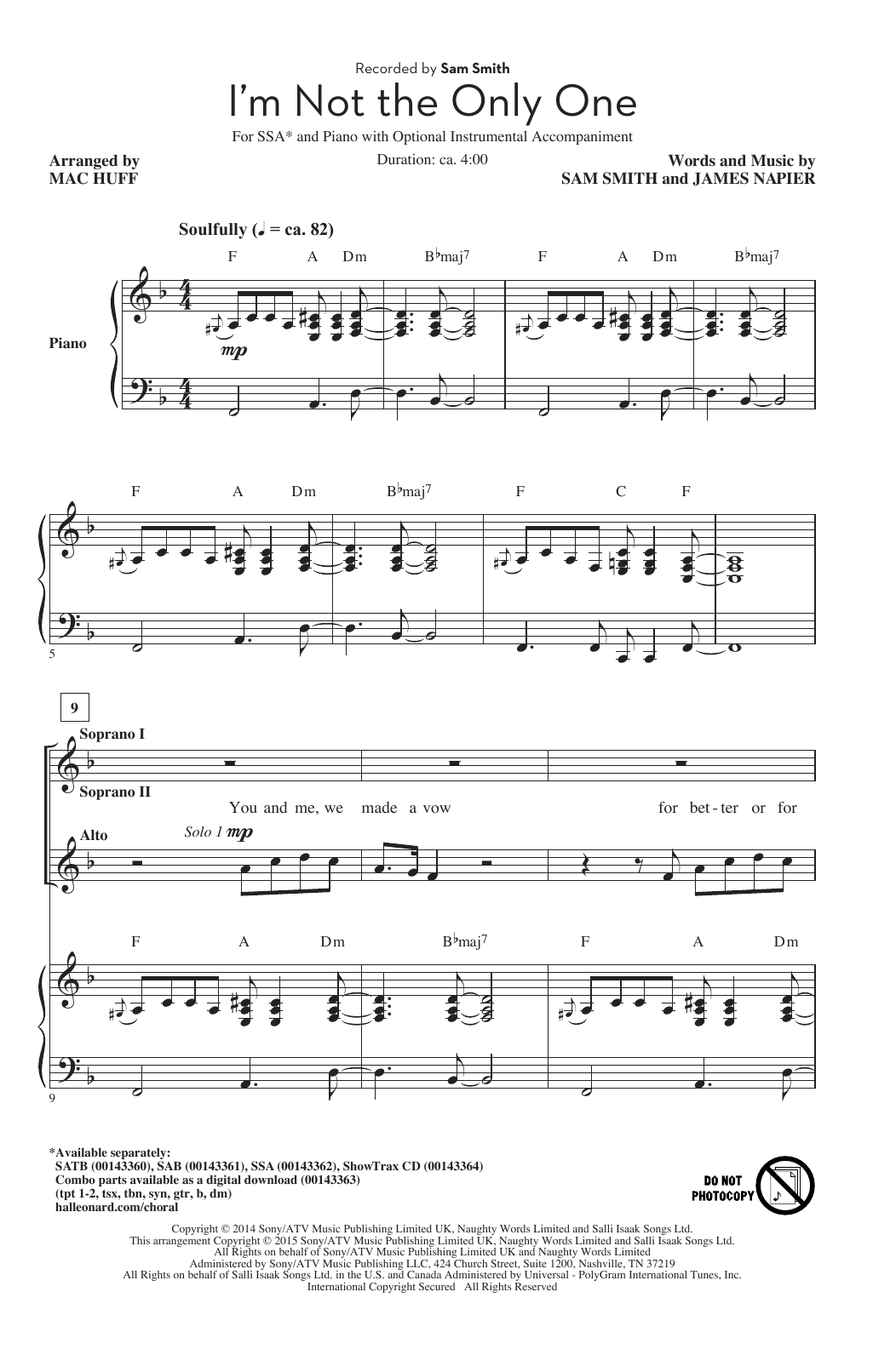 Download Sam Smith I'm Not The Only One (arr. Mac Huff) Sheet Music