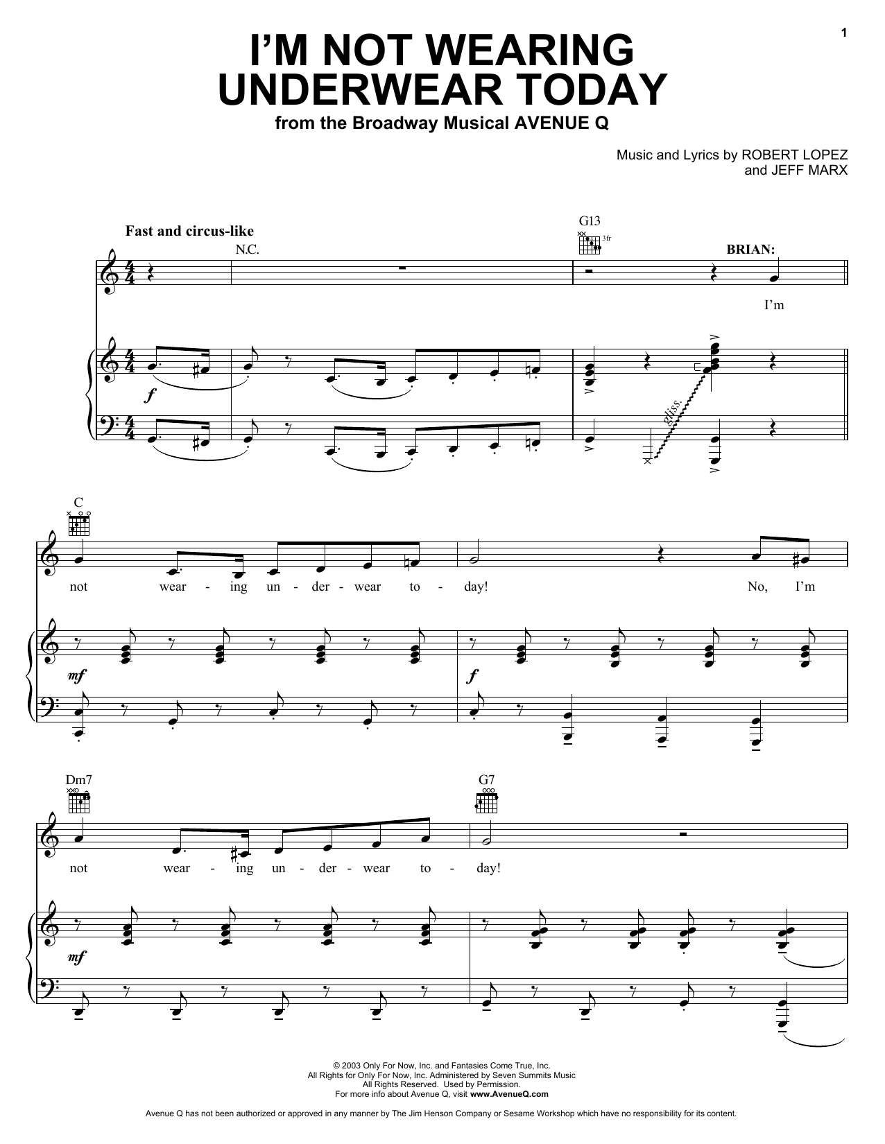 Download Jeff Marx and Robert Lopez I'm Not Wearing Underwear Today (from A Sheet Music