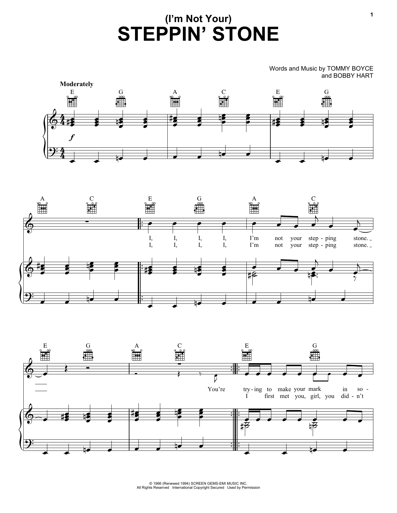 Download The Monkees (I'm Not Your) Steppin' Stone Sheet Music
