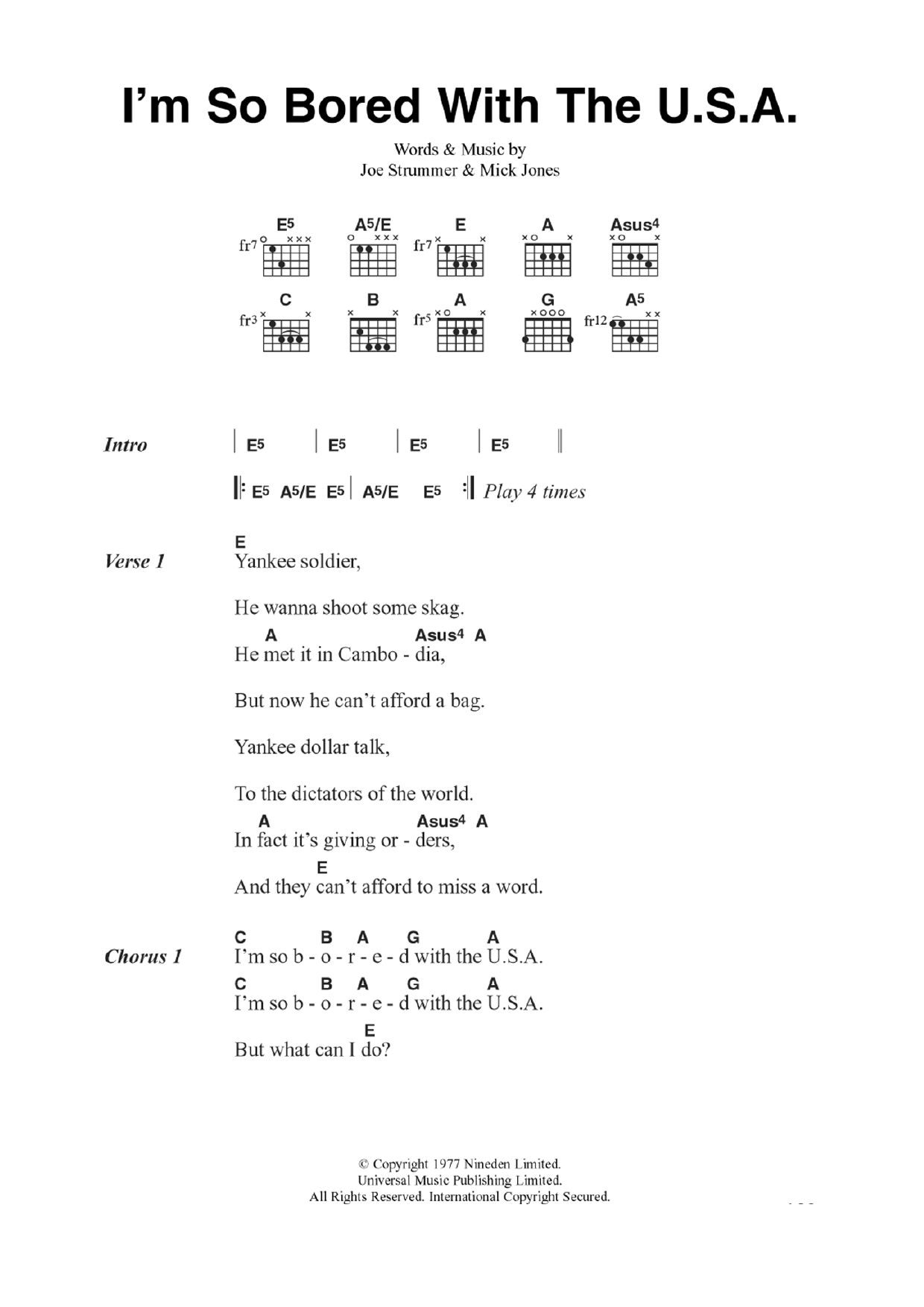 Download The Clash I'm So Bored With The U.S.A. Sheet Music