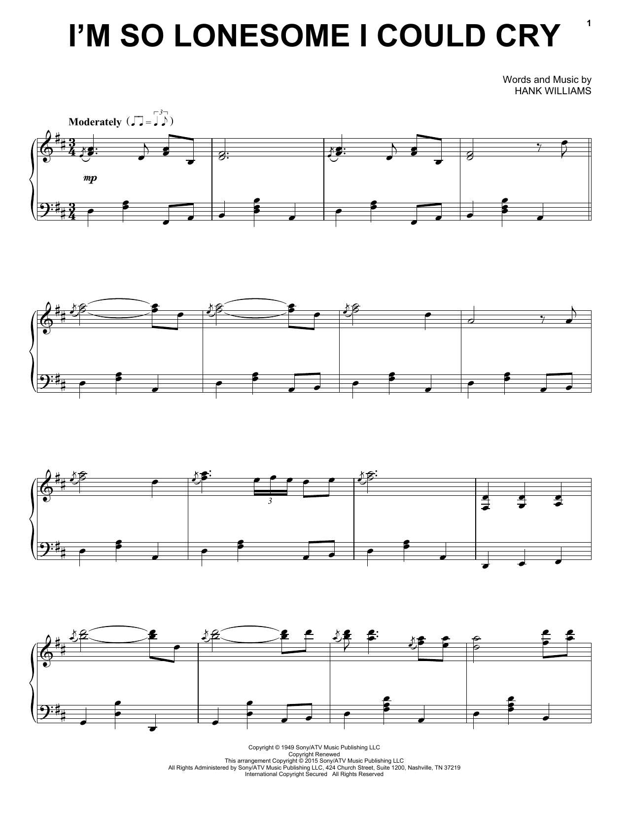 Download Hank Williams I'm So Lonesome I Could Cry Sheet Music