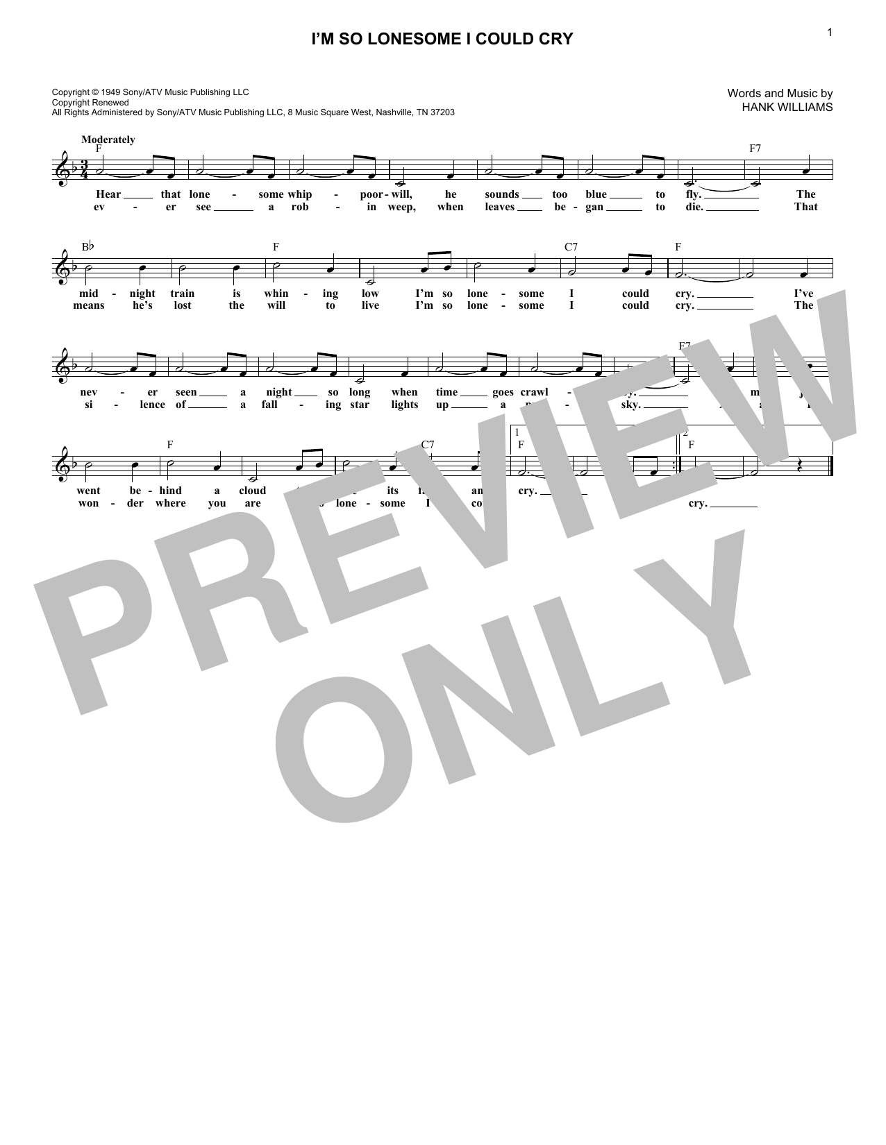 Download Hank Williams I'm So Lonesome I Could Cry Sheet Music