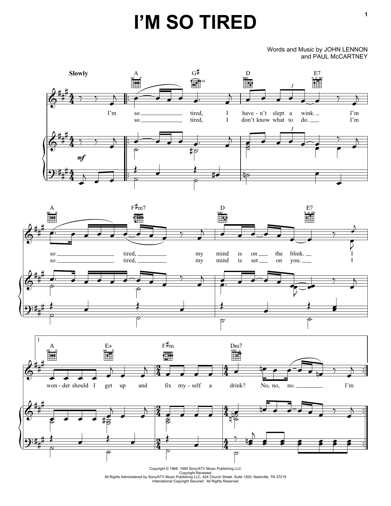 Download The Beatles I'm So Tired Sheet Music