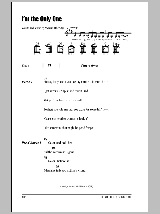 Download Melissa Etheridge I'm The Only One Sheet Music