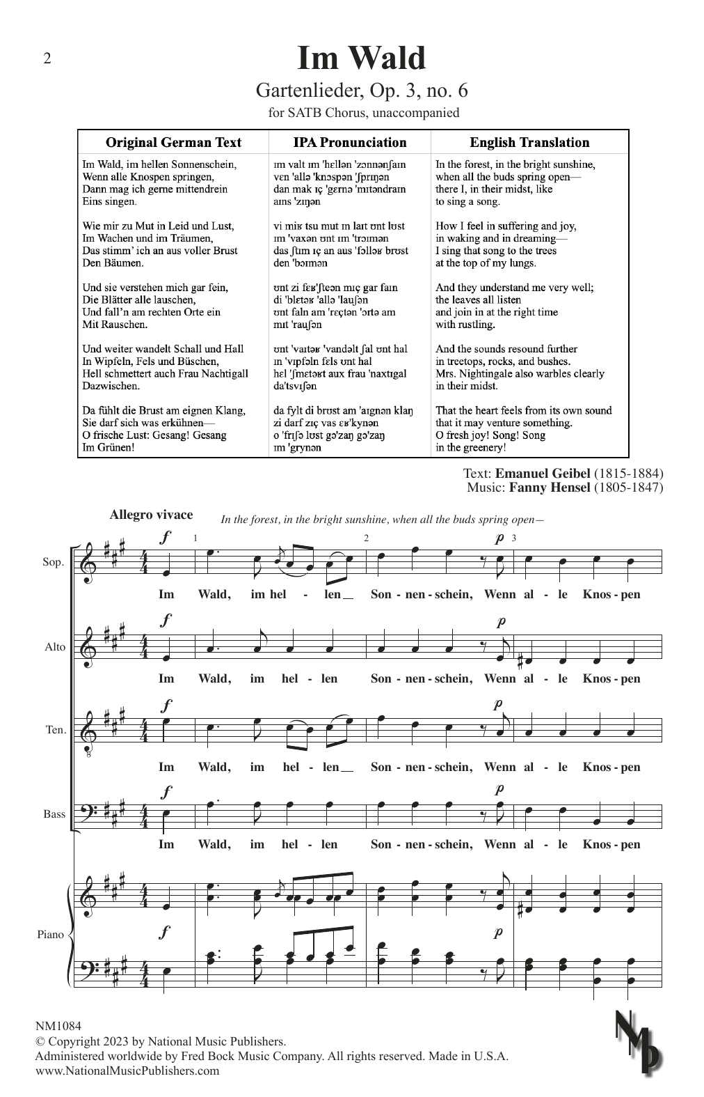 Download Fanny Hensel Im Wald (Gartenlieder, Op. 3, no. 6) Sheet Music