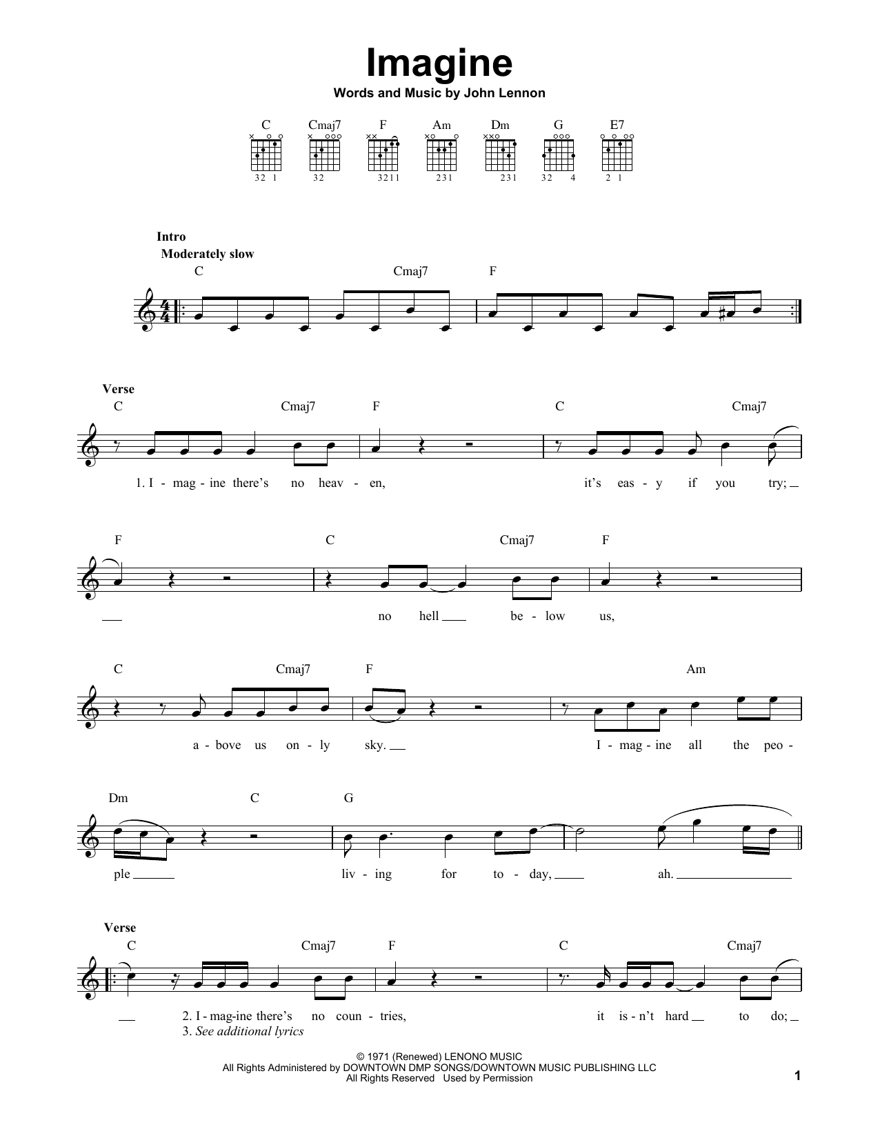 John Lennon Imagine sheet music notes printable PDF score