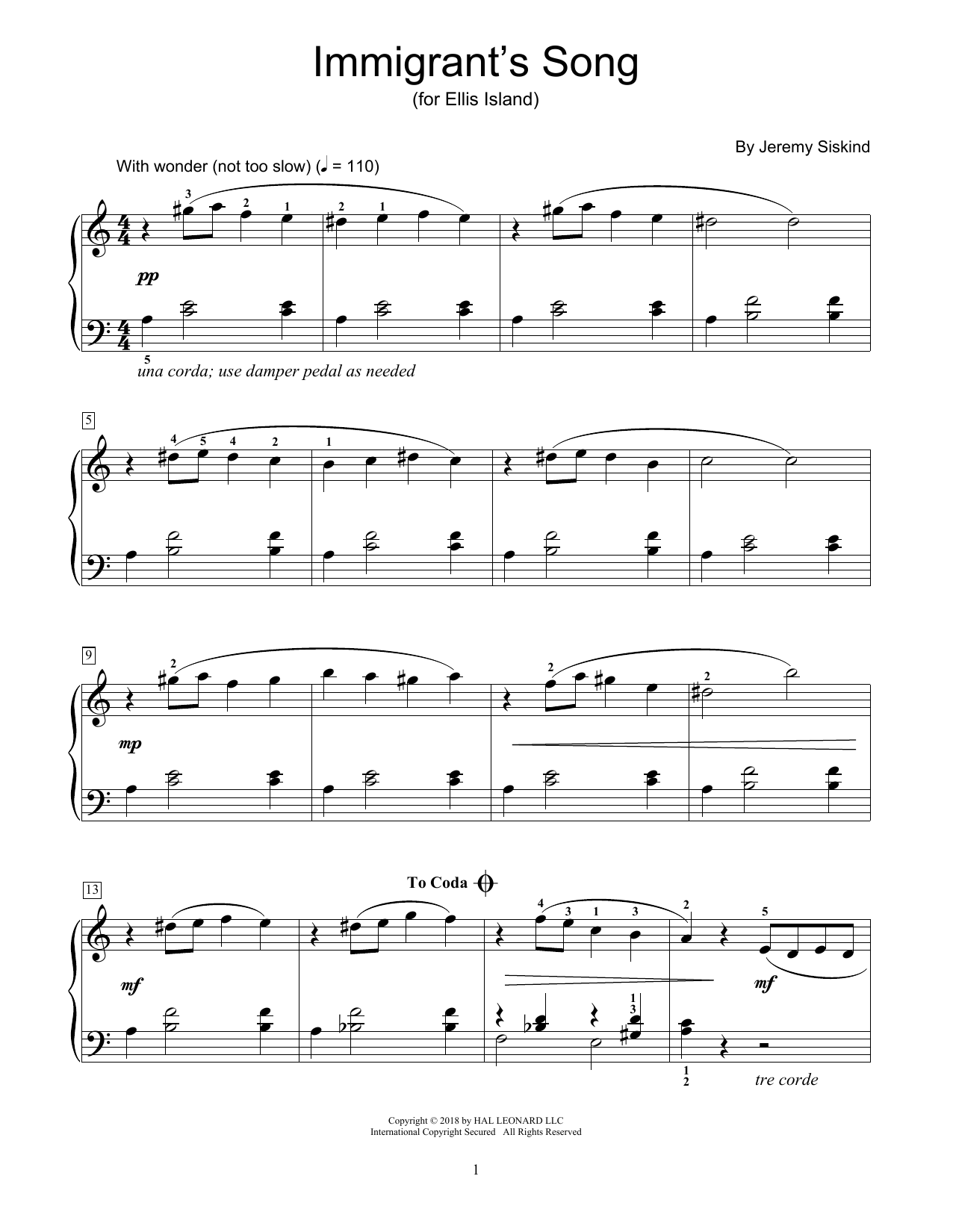 Download Jeremy Siskind Immigrant's Song Sheet Music