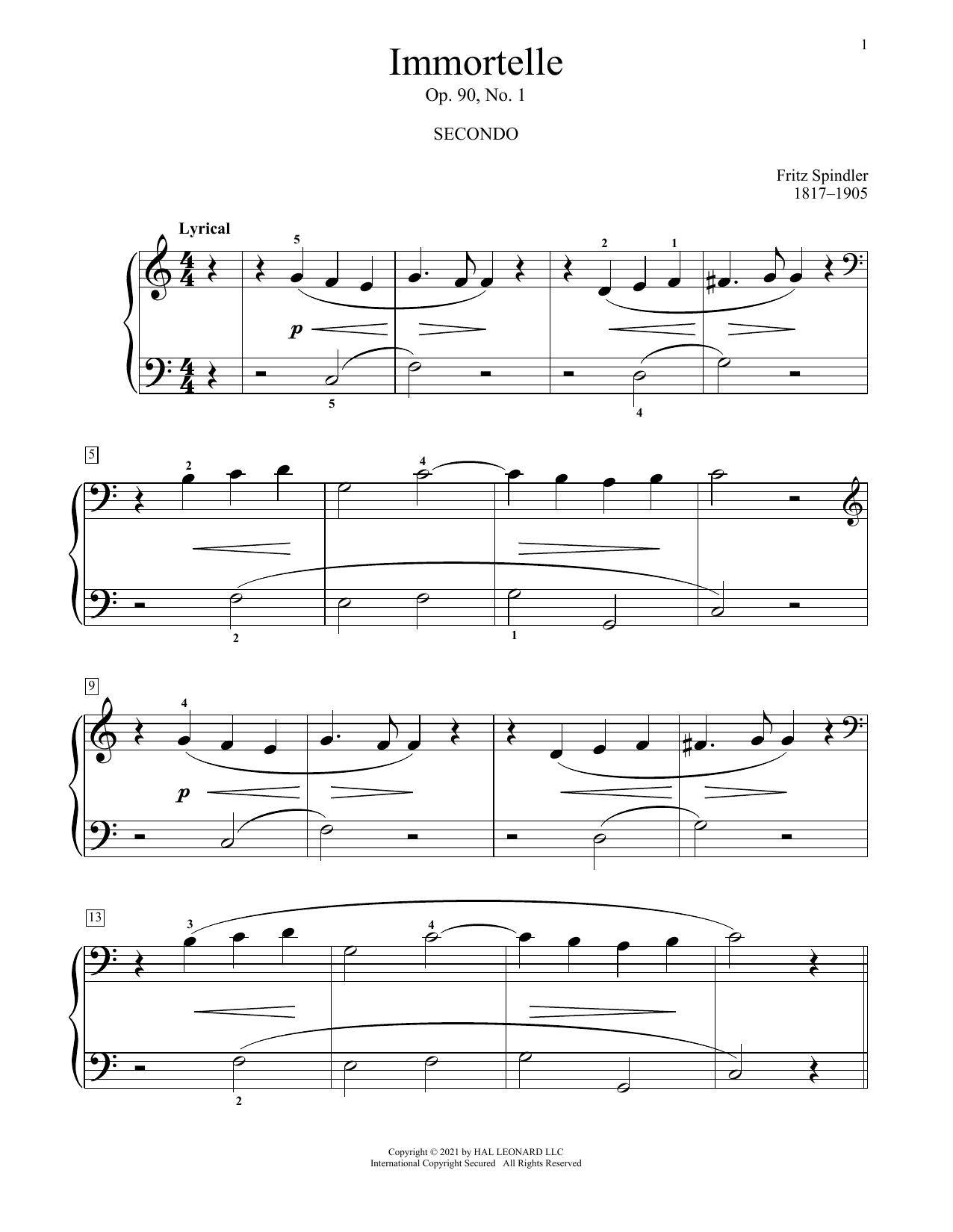Download Fritz Spindler Immortelle, Op. 90, No. 1 Sheet Music