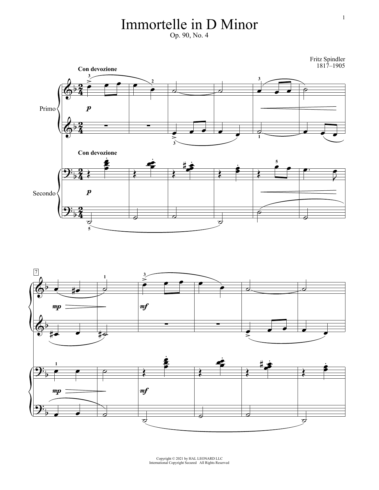 Download Fritz Spindler Immortelle, Op. 90, No. 4 Sheet Music