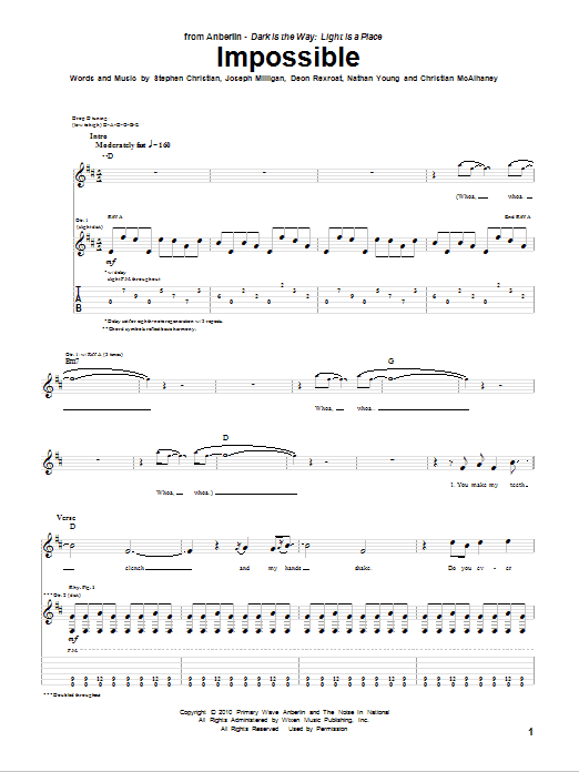 Download Anberlin Impossible Sheet Music