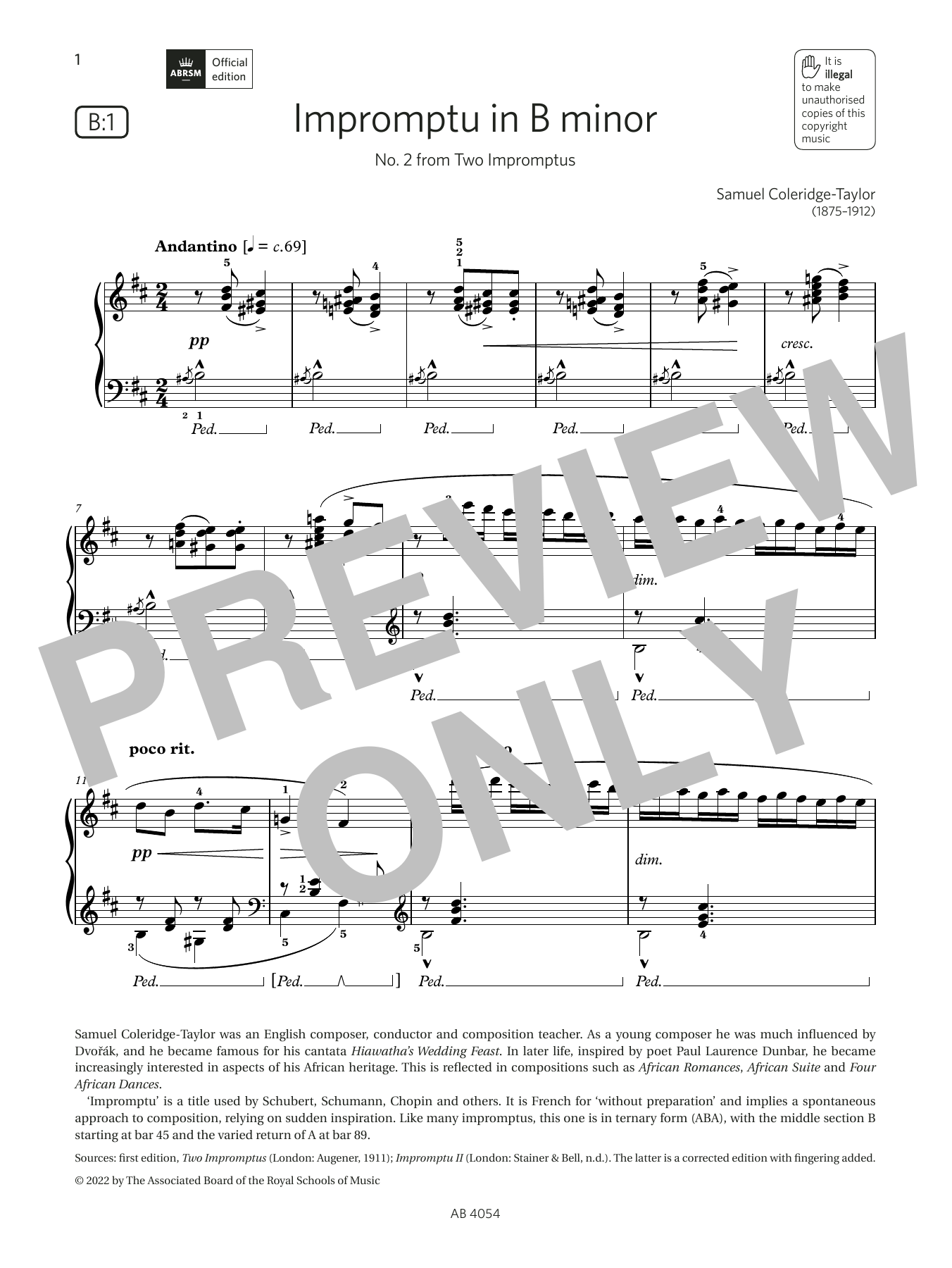 Download Samuel Coleridge-Taylor Impromptu in B minor (Grade 8, list B1, Sheet Music