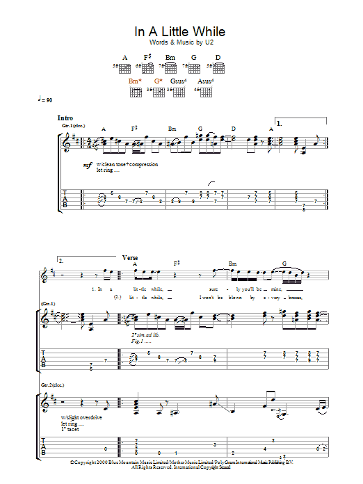 Download U2 In A Little While Sheet Music