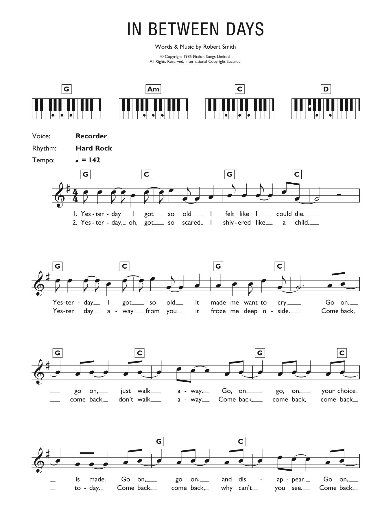 Download The Cure In Between Days Sheet Music