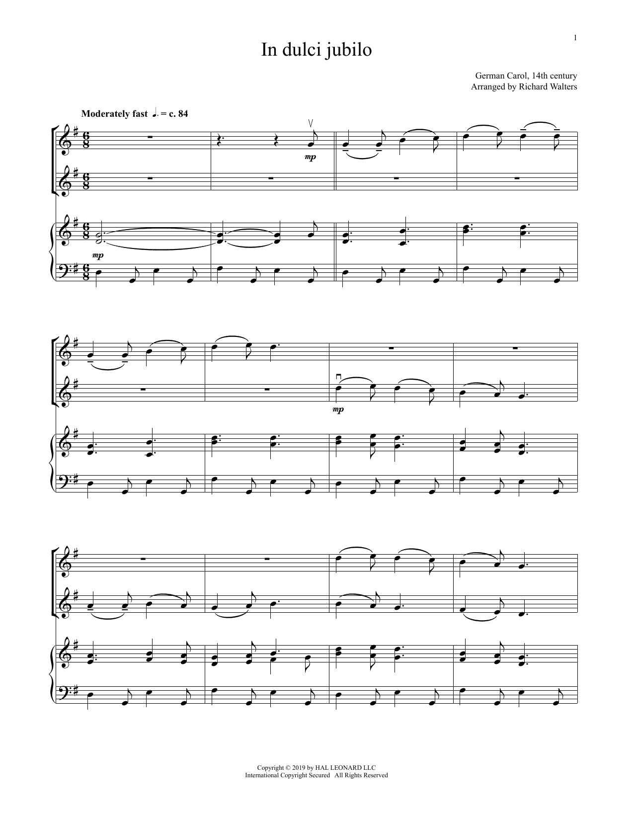 Download 14th Century German Melody In Dulci Jubilo (for Violin Duet and Pi Sheet Music