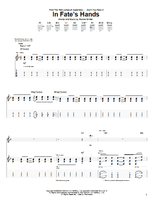 Download The Red Jumpsuit Apparatus In Fate's Hands Sheet Music