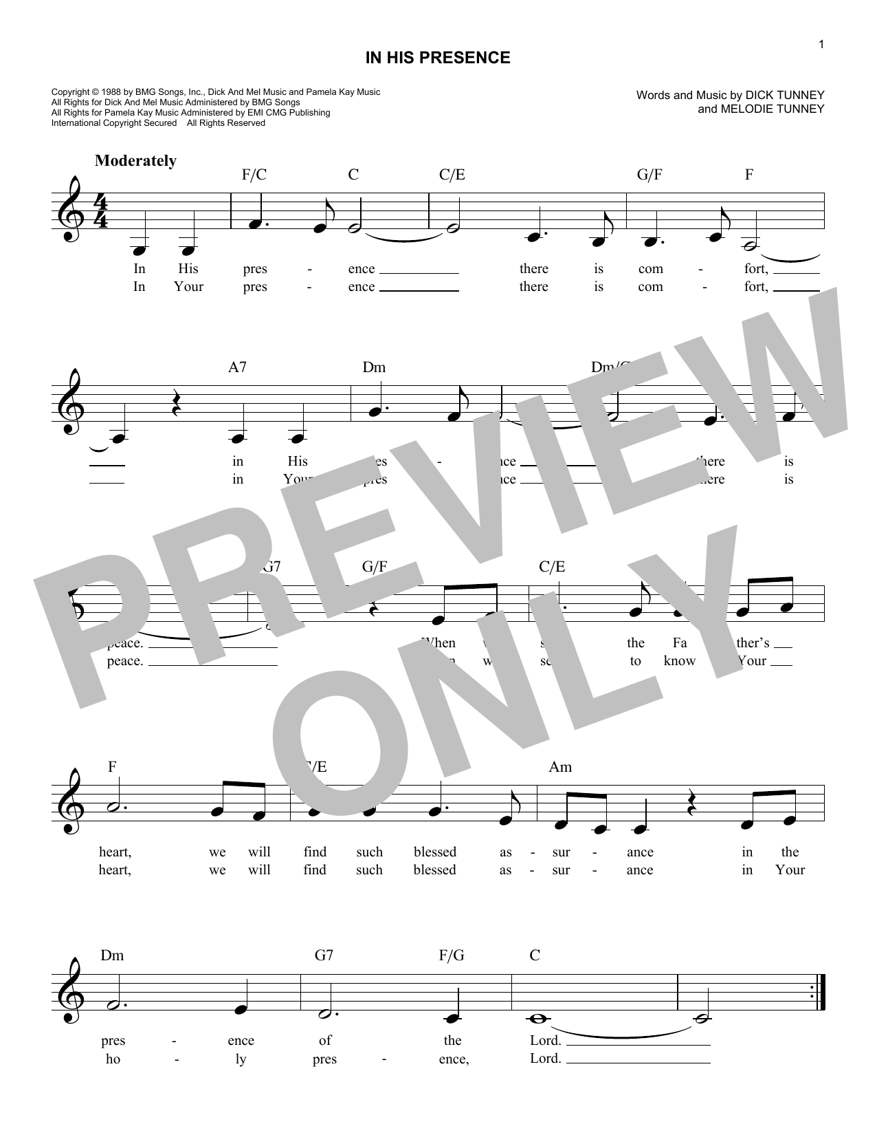 Download Melodie Tunney In His Presence Sheet Music