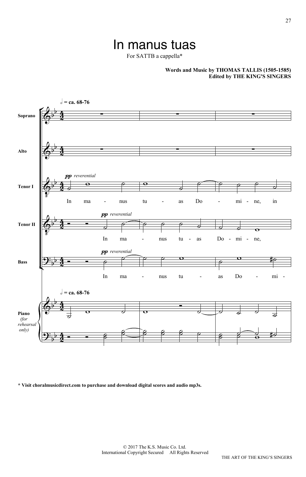 Download Thomas Tallis In Manus Tuas Sheet Music