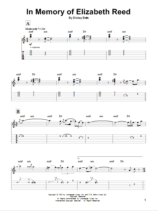 Download The Allman Brothers Band In Memory Of Elizabeth Reed Sheet Music