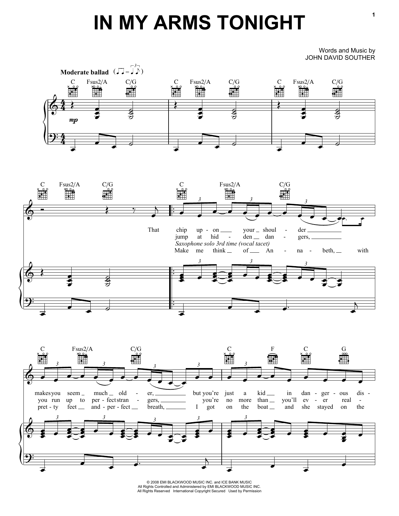 Download J.D. Souther In My Arms Tonight Sheet Music